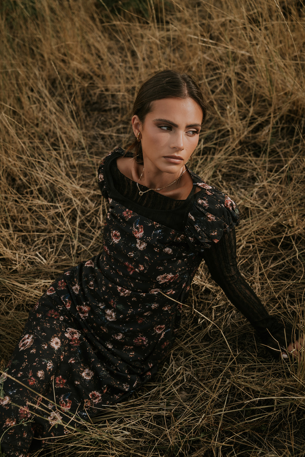 Ellie Mesh Floral Maxi Dress in Black