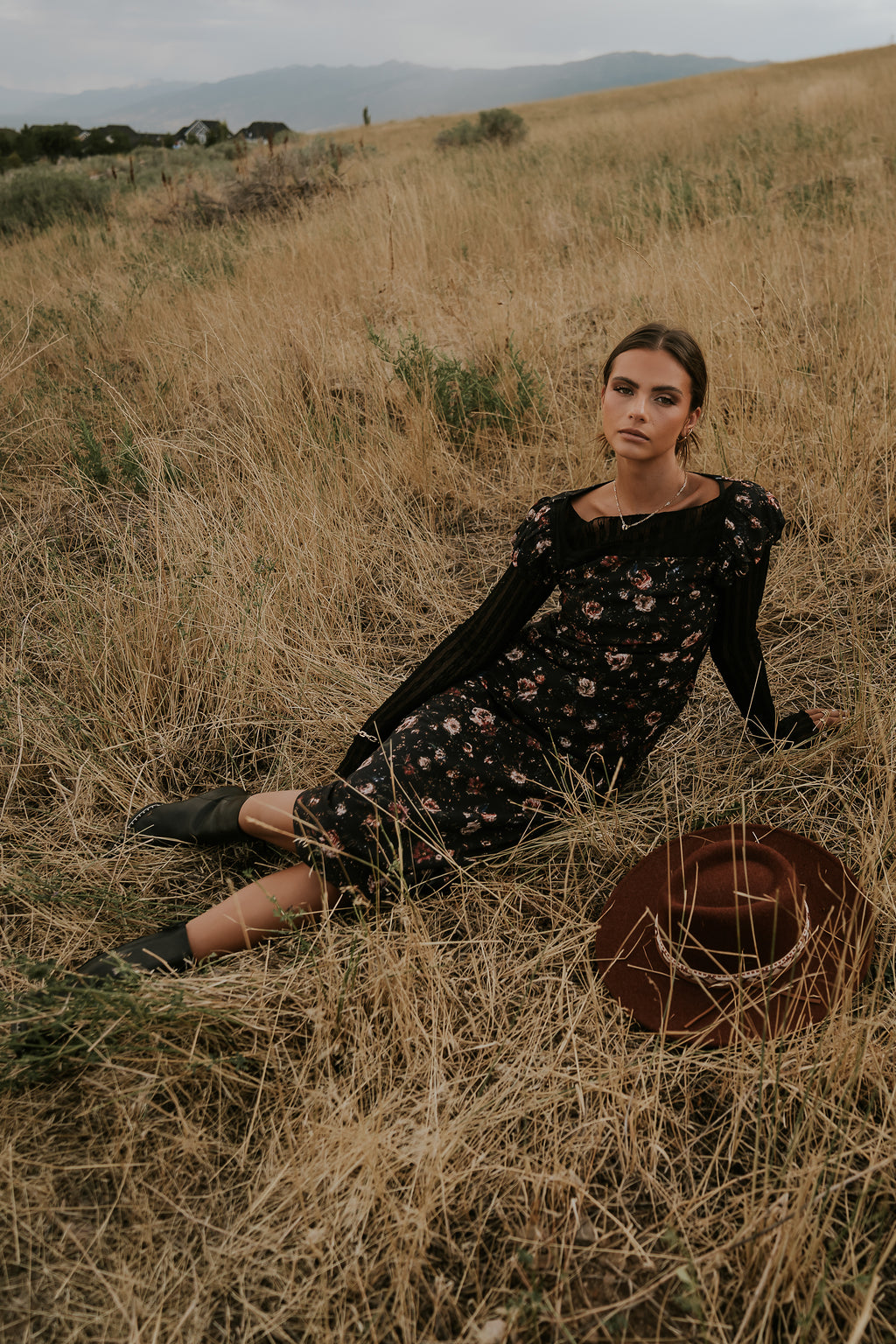 Ellie Mesh Floral Maxi Dress in Black