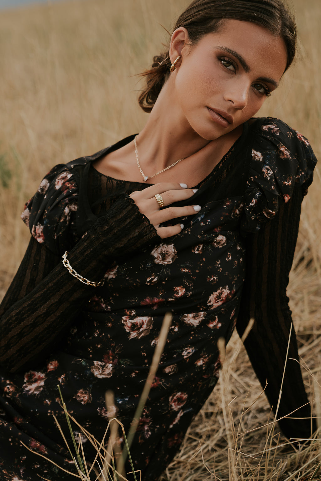 Ellie Mesh Floral Maxi Dress in Black