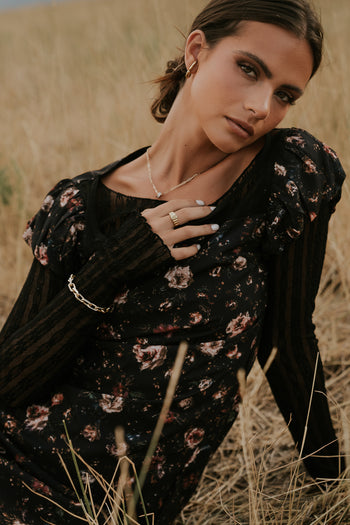 Ellie Mesh Floral Maxi Dress in Black