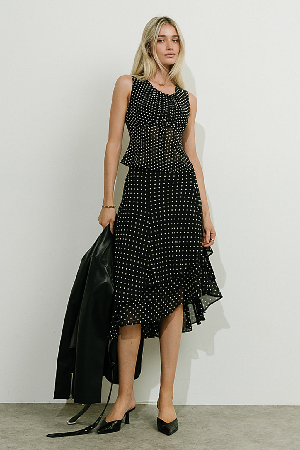 Luna Polka Dot Midi Skirt in Black