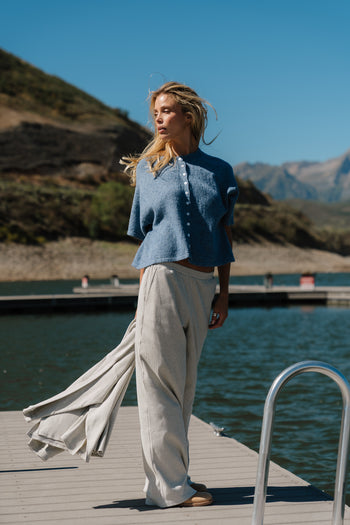 Monroe Pointelle Cardigan in Denim