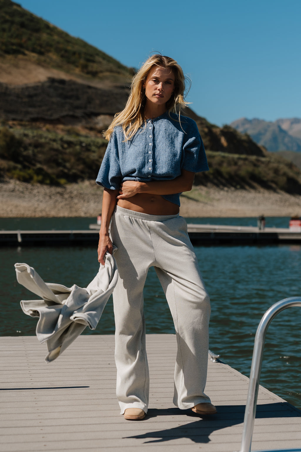 Monroe Pointelle Cardigan in Denim