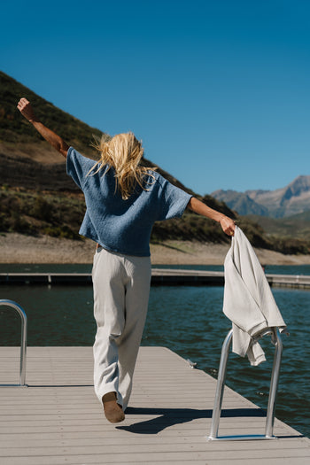 Monroe Pointelle Cardigan in Denim
