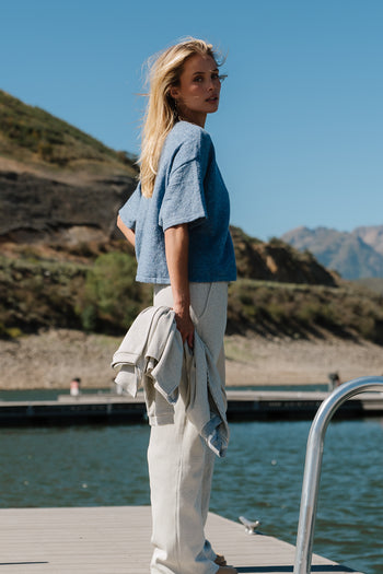Monroe Pointelle Cardigan in Denim