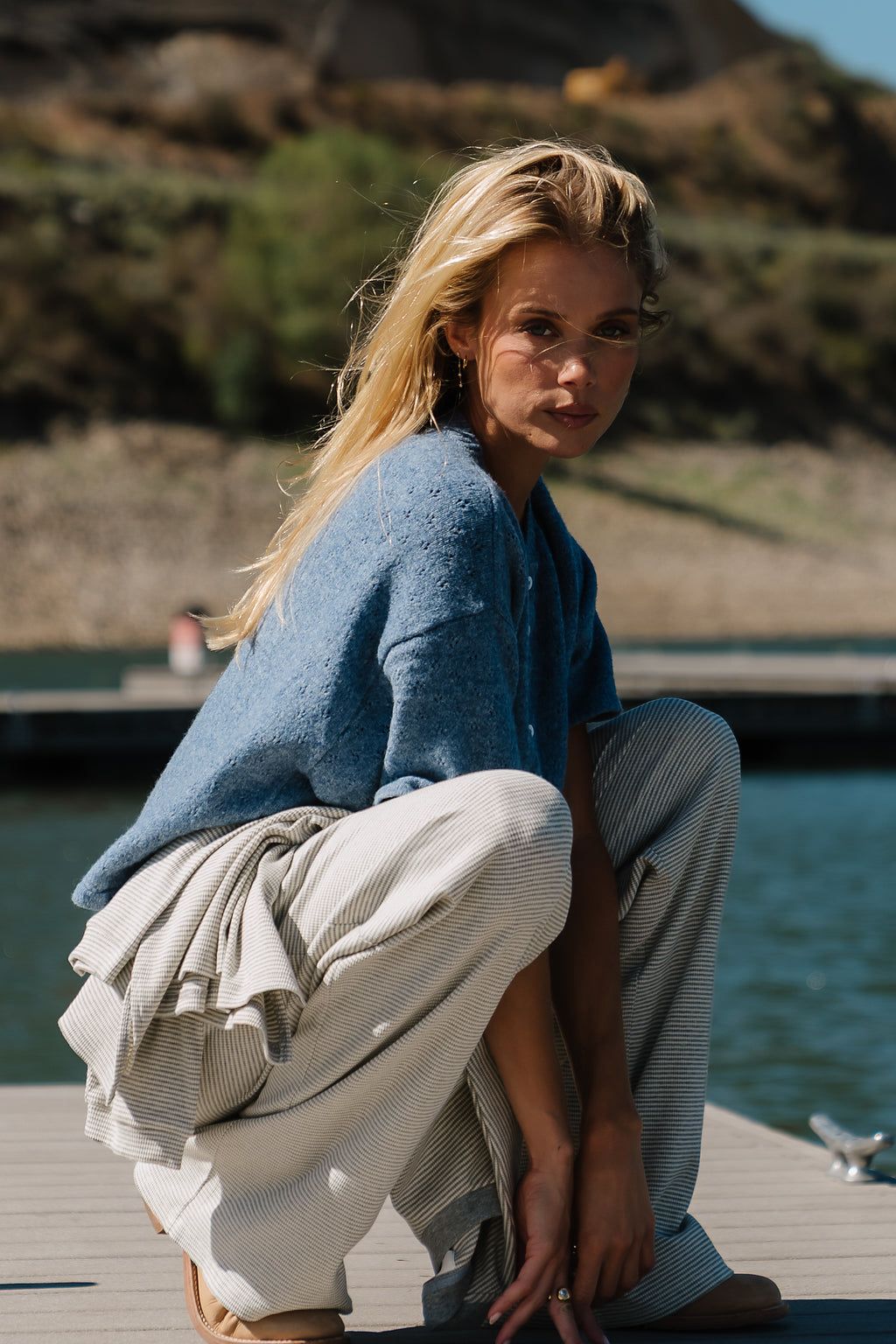 Monroe Pointelle Cardigan in Denim