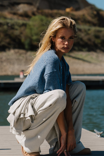 Monroe Pointelle Cardigan in Denim