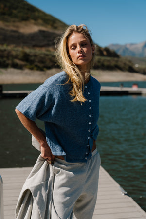 Monroe Pointelle Cardigan in Denim
