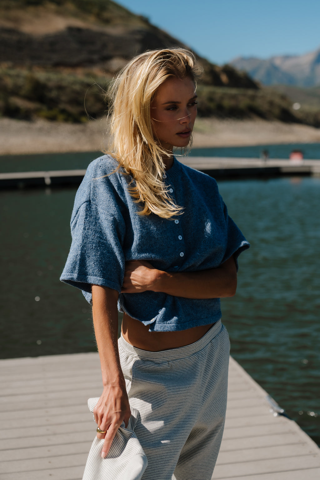 Monroe Pointelle Cardigan in Denim