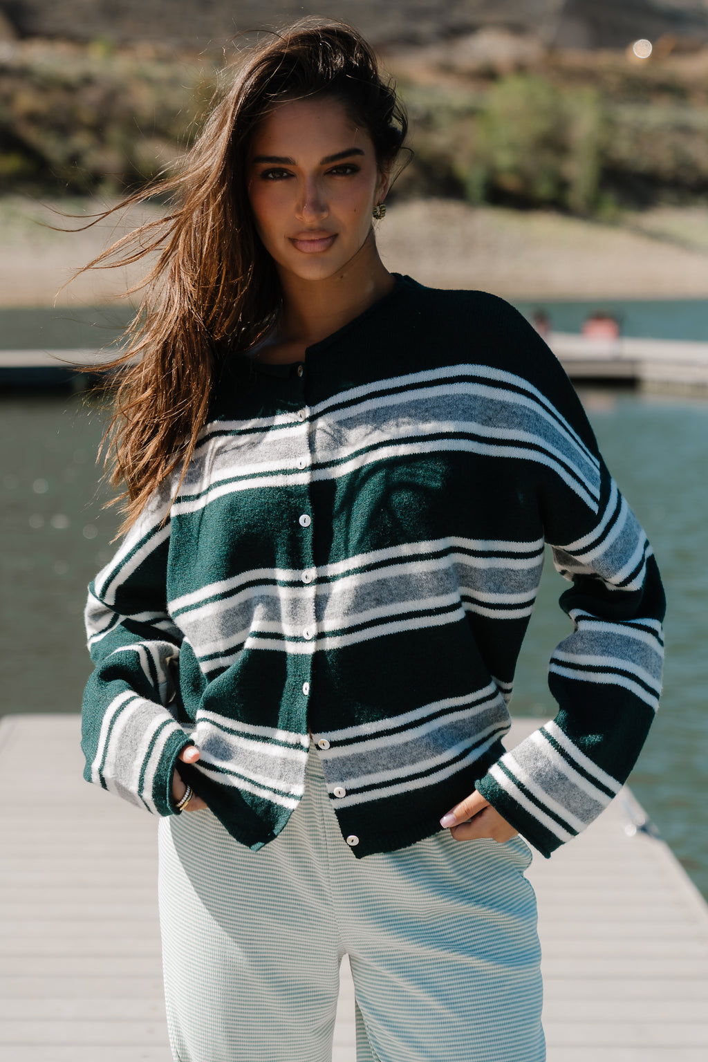 Emilia Striped Sweater in Hunter Green