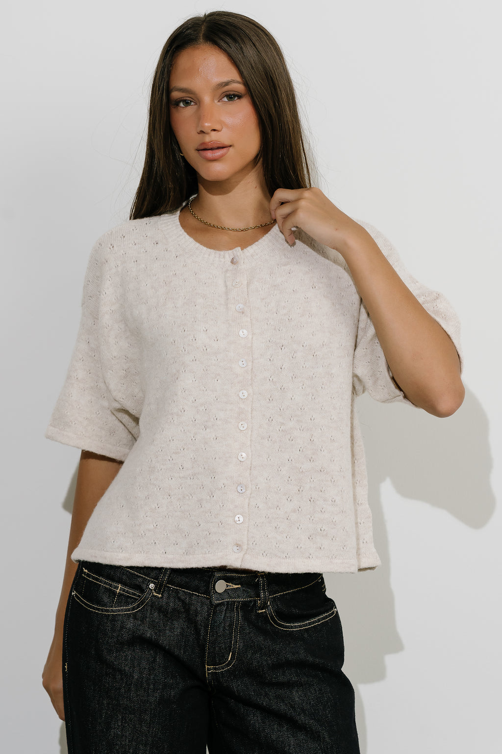 Monroe Pointelle Cardigan in Oatmeal