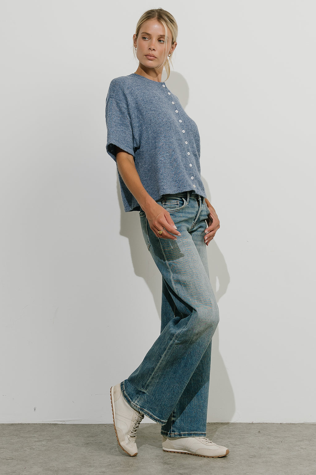 Monroe Pointelle Cardigan in Denim