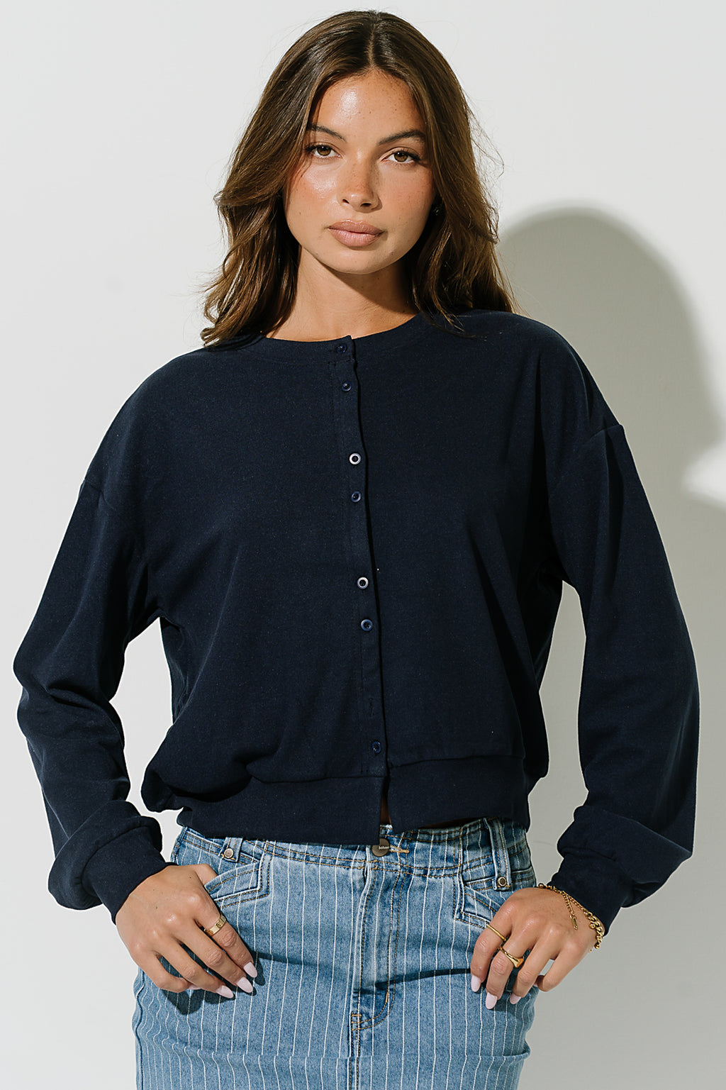 Stacey Button Up Sweater in Navy
