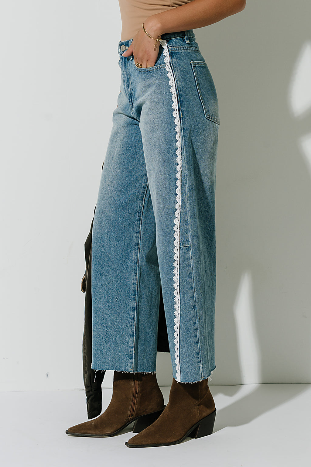 Adeline High Rise Lace Trim Barrel Jeans