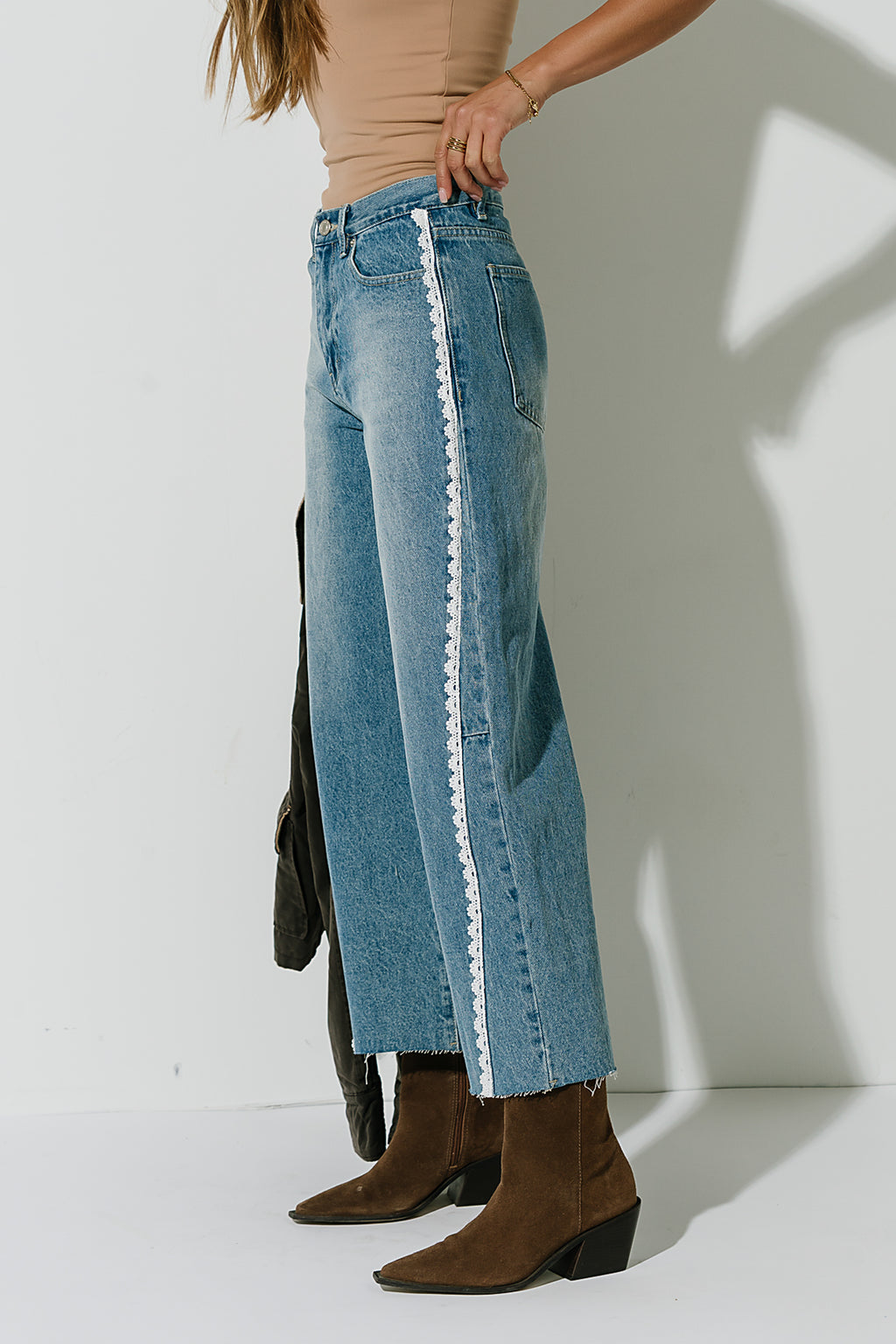 Adeline High Rise Lace Trim Barrel Jeans