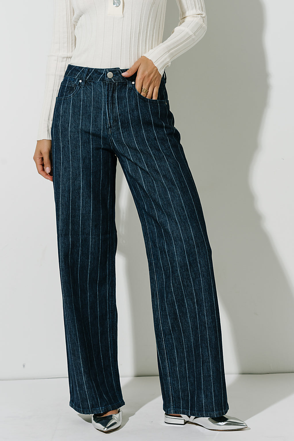 Daniella High Rise Striped Wide Leg Jeans