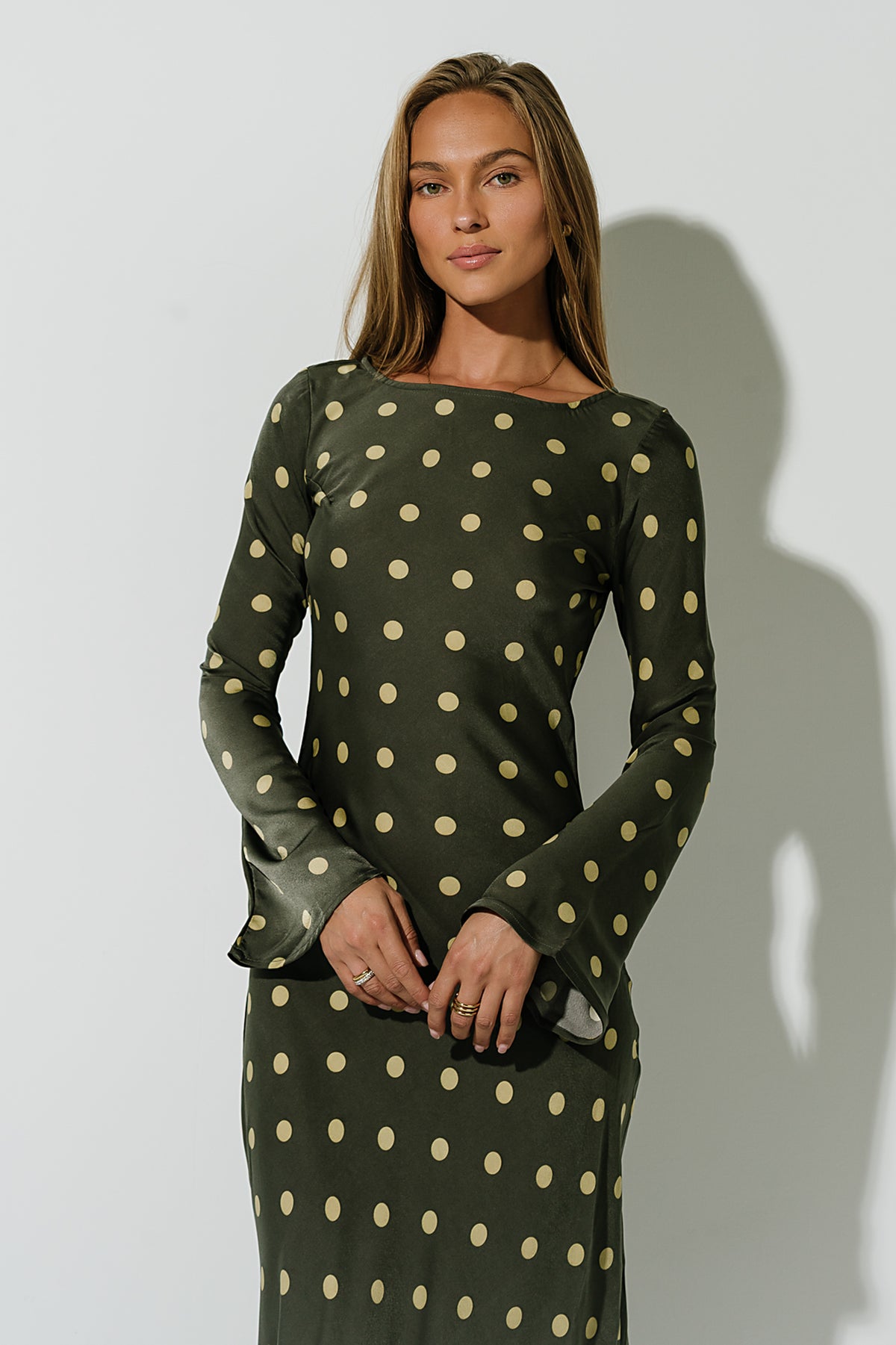 green polka dot dress long sleeve Melody Ultra Maxi in Olive bachsuite