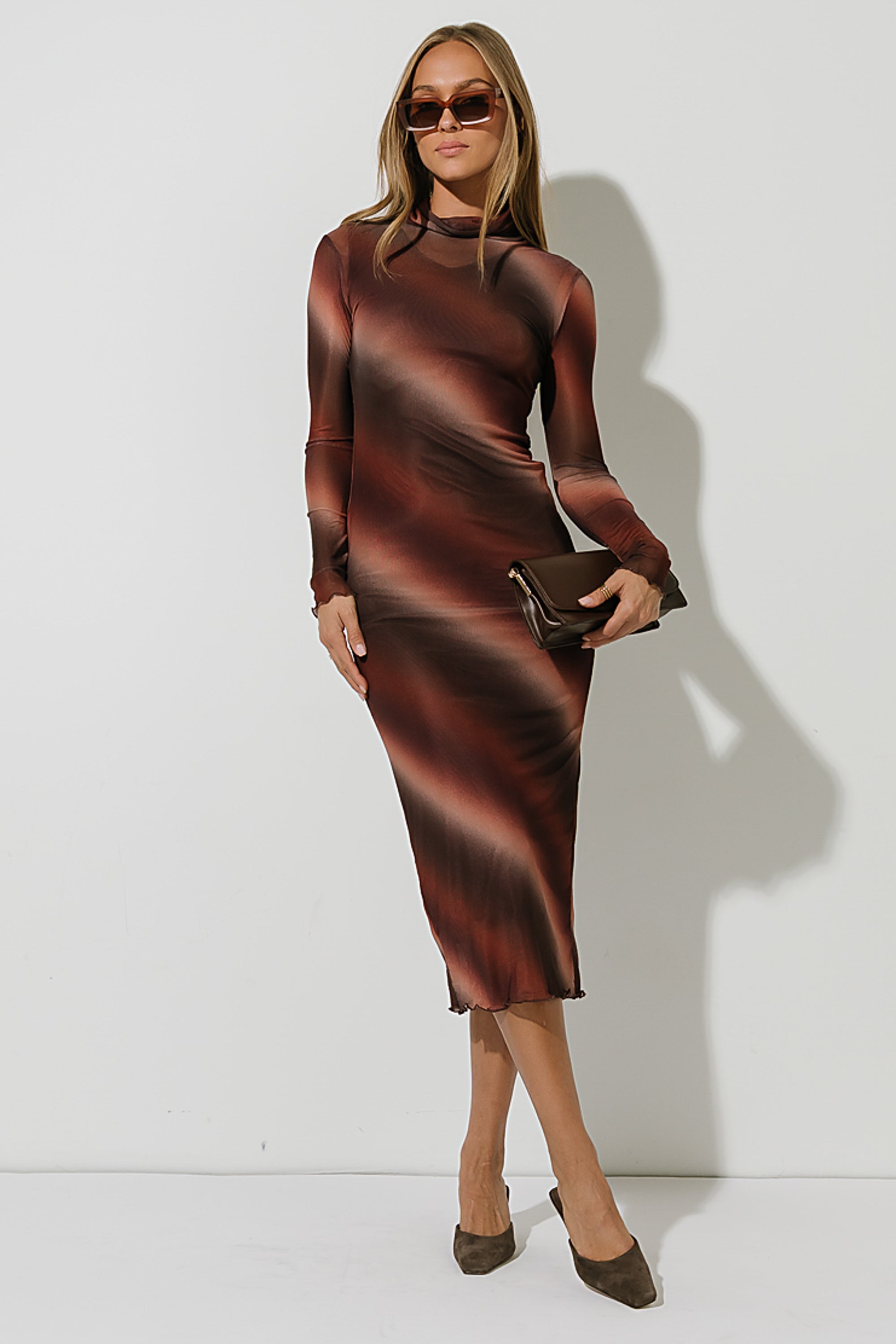 misha brown dress Mesh Maxi the Isadora Satin Dress