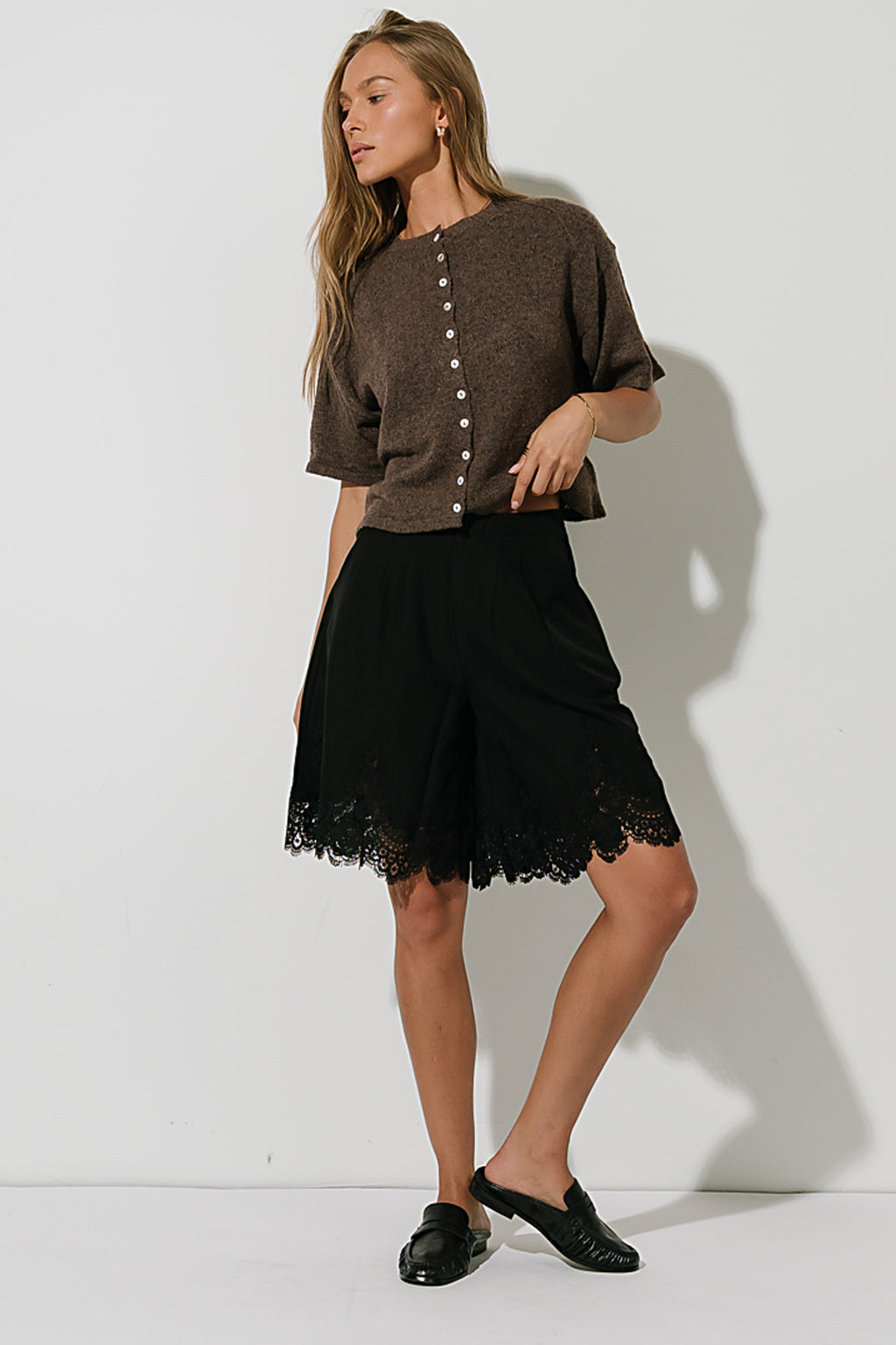 Monroe Pointelle Cardigan in Brown