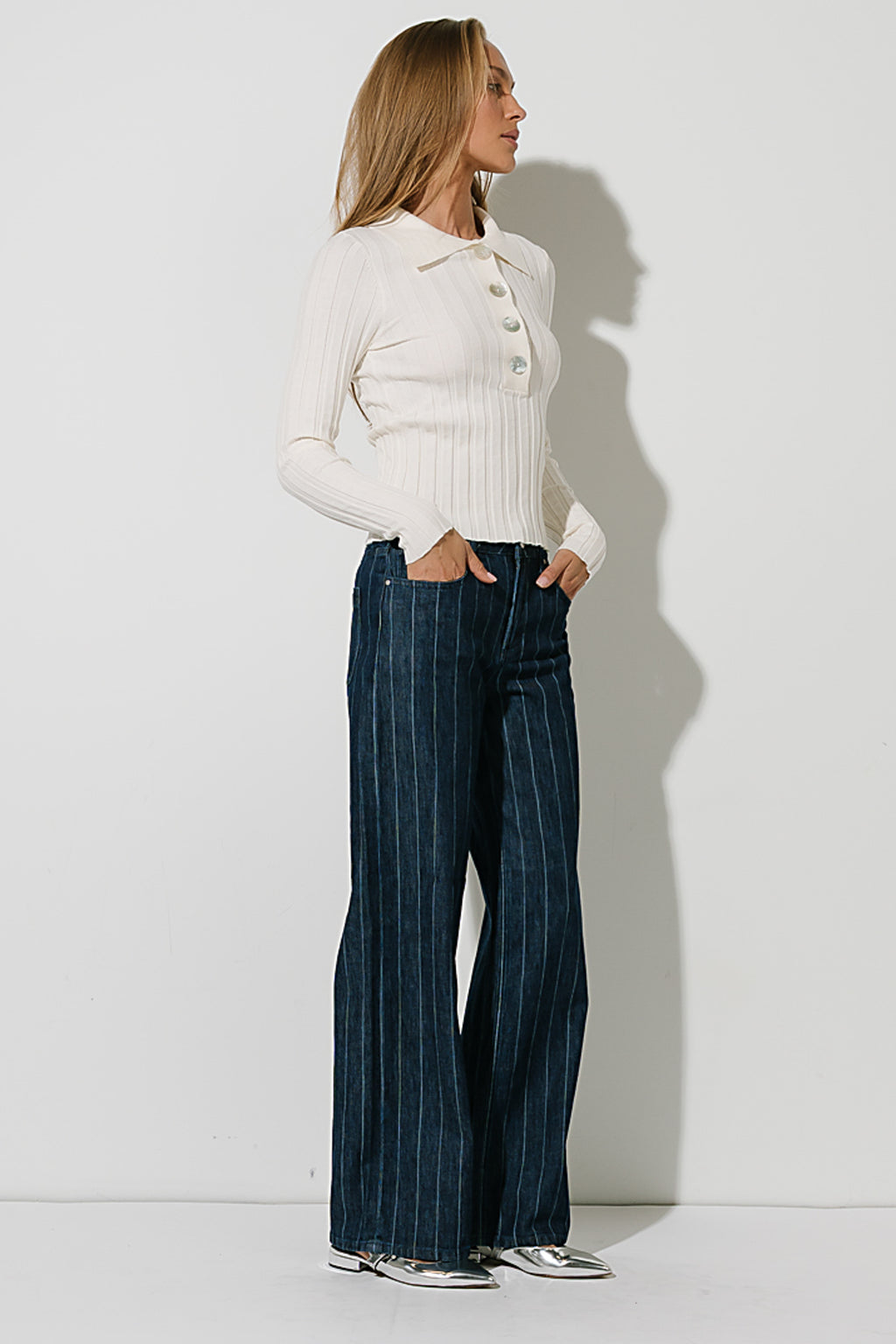 Daniella High Rise Striped Wide Leg Jeans