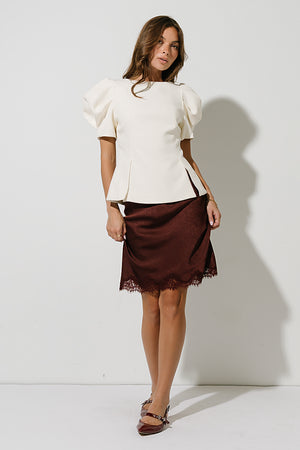 Harper Lace Trim Mini Skirt in Red-Brown