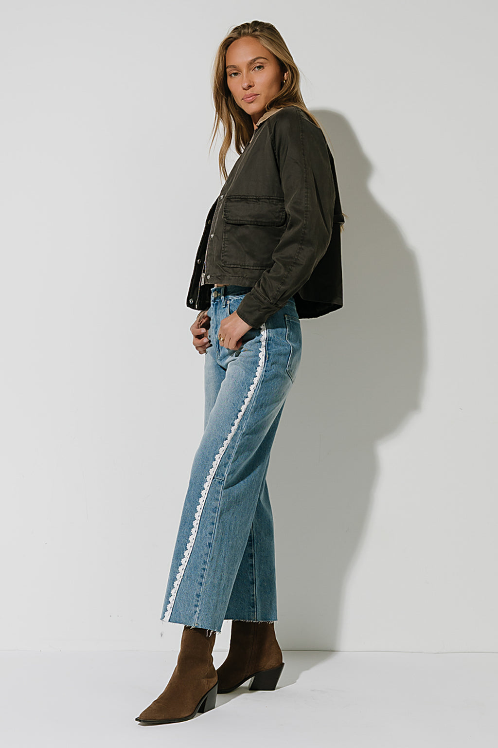 Adeline High Rise Lace Trim Barrel Jeans