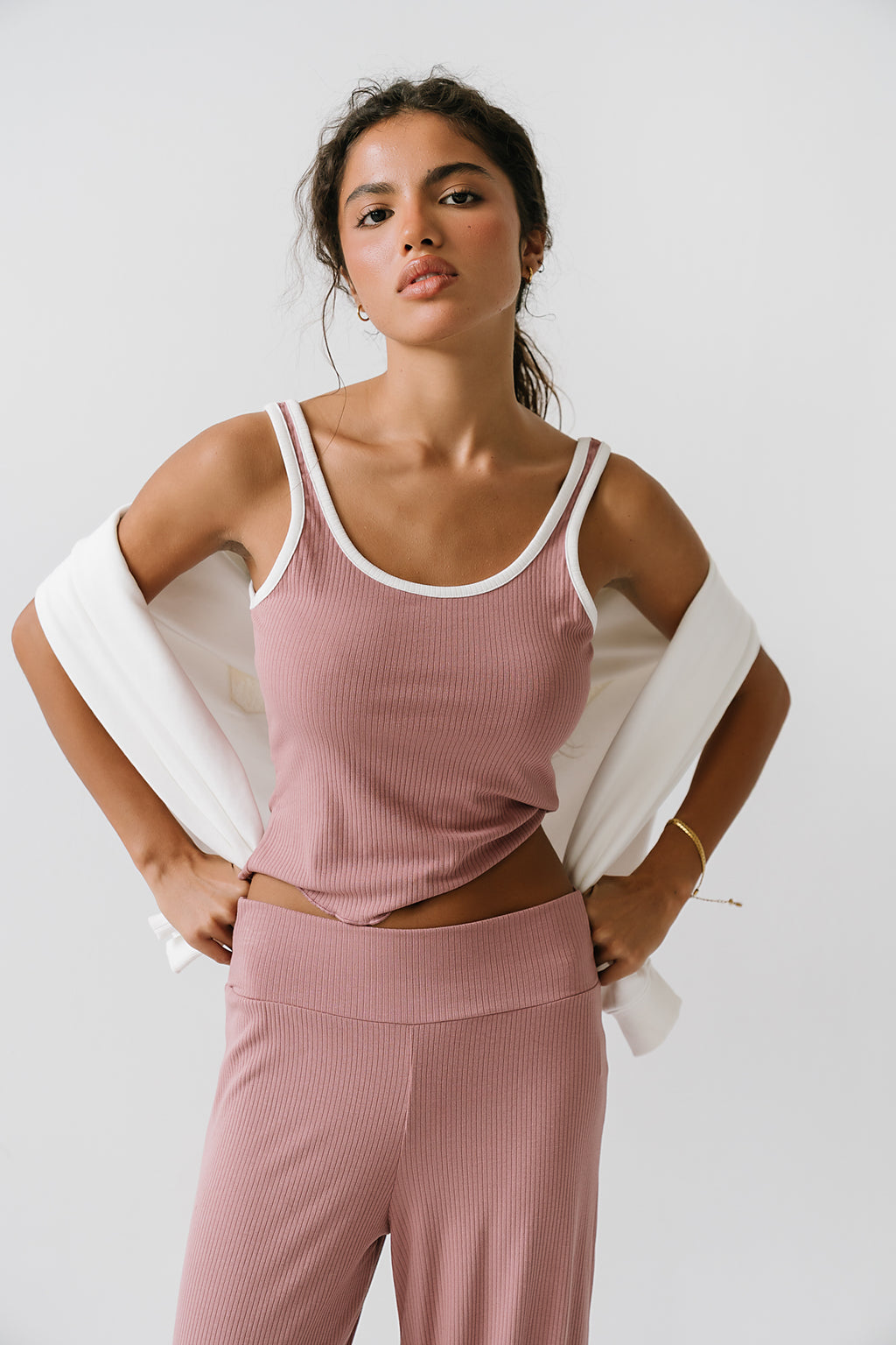 Catherine Contrast Ribbed Tank in Pink