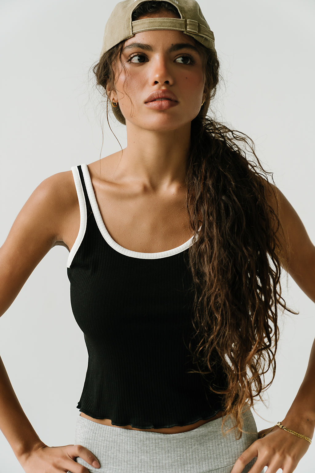 Catherine Contrast Ribbed Tank in Black