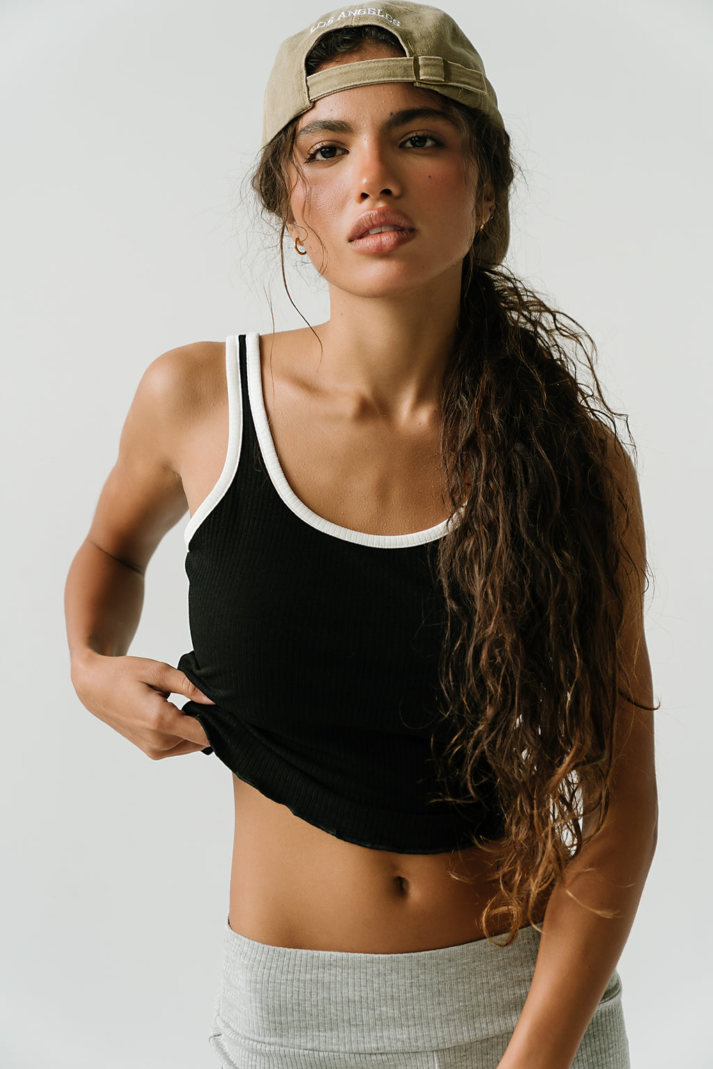 Catherine Contrast Ribbed Tank in Black