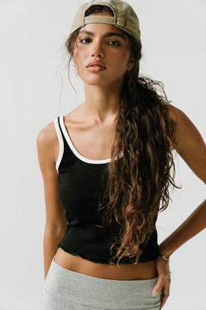Catherine Contrast Ribbed Tank in Black
