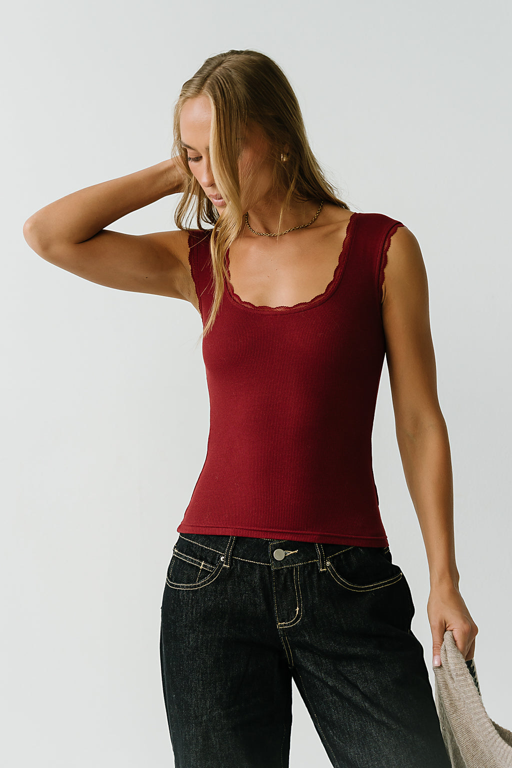 Sawyer Lace Trim Tank Top in Burgundy