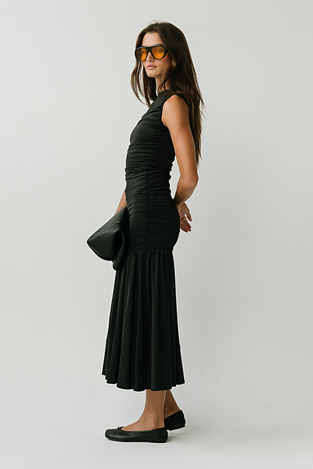 Zara Ruched Midi Dress in Black