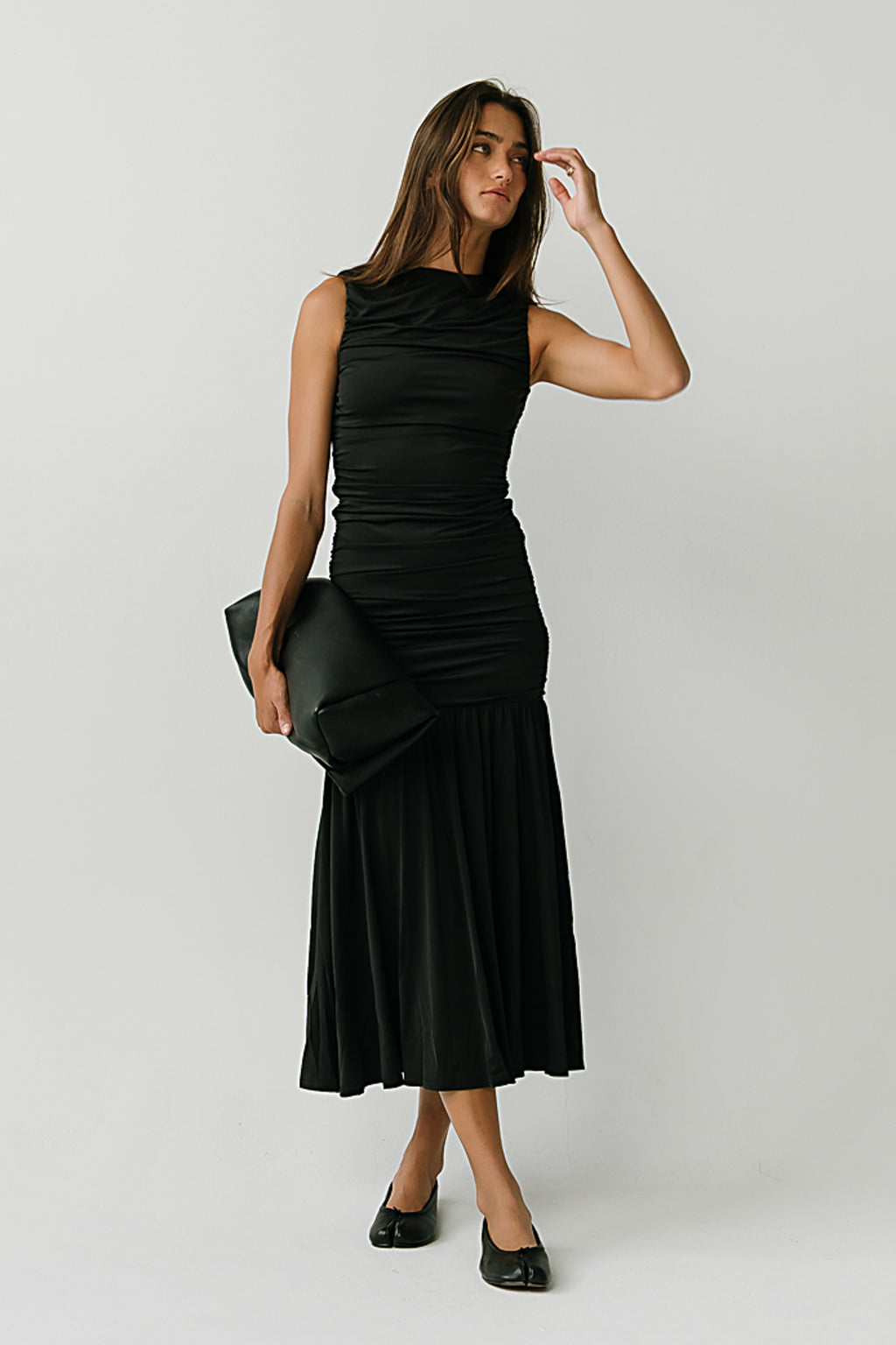 Zara Ruched Midi Dress in Black
