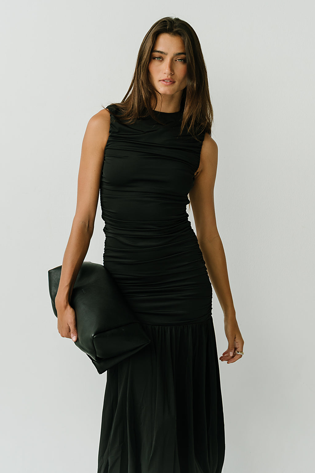 Zara Ruched Midi Dress in Black