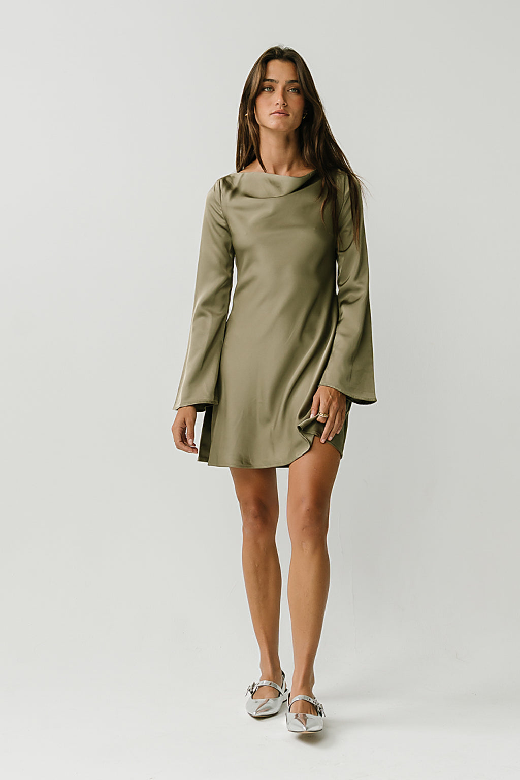 Aria Satin Mini Dress in Olive