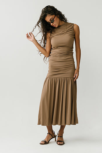 Zara Ruched Midi Dress in Mocha