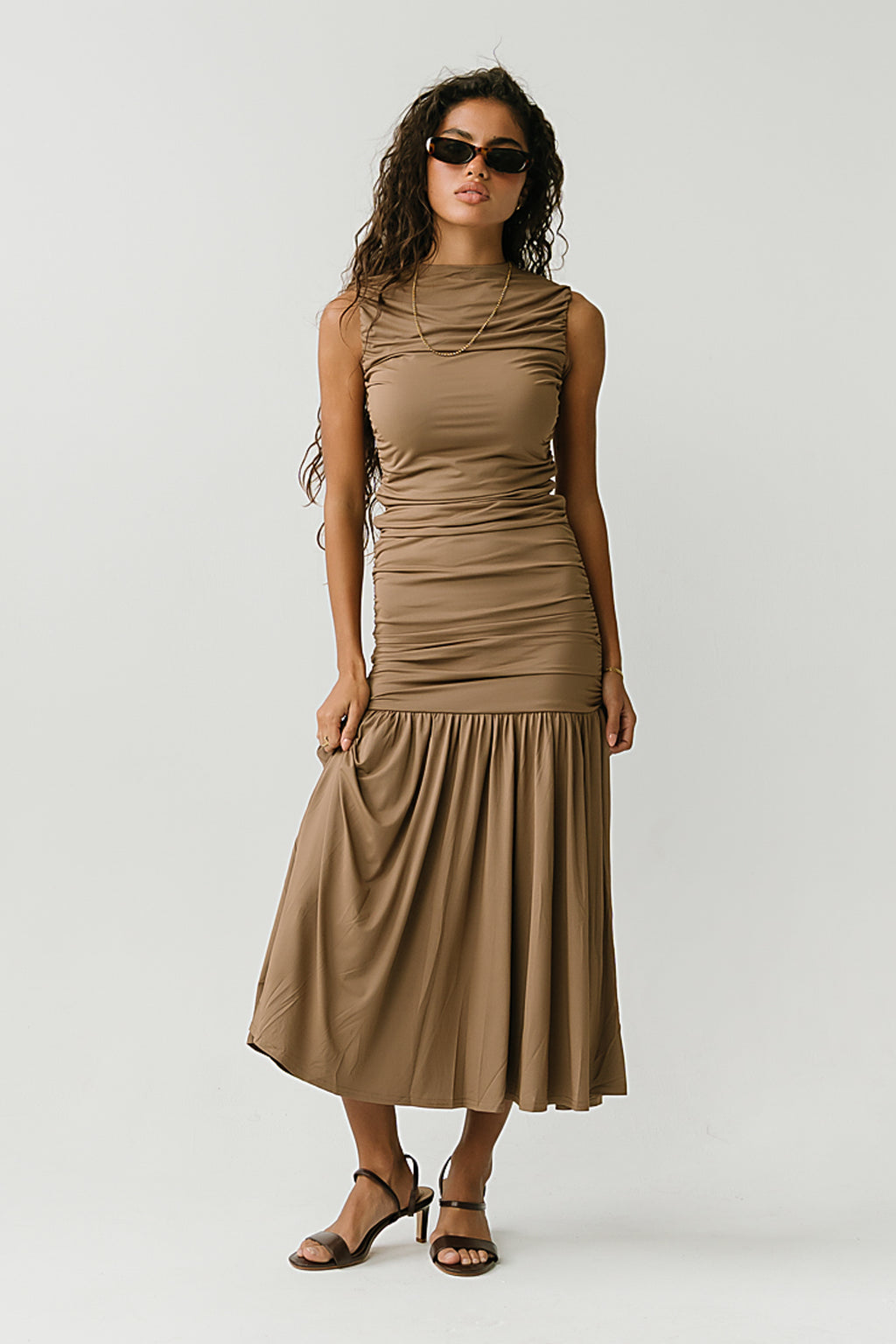 Zara Ruched Midi Dress in Mocha