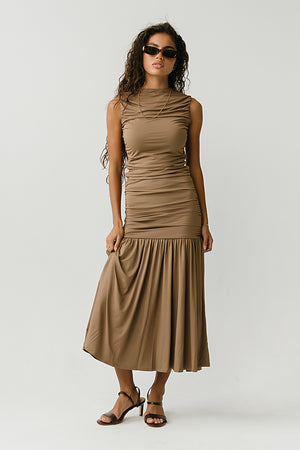 Zara Ruched Midi Dress in Mocha