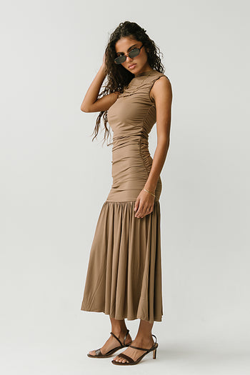 Zara Ruched Midi Dress in Mocha