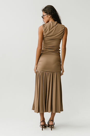 Zara Ruched Midi Dress in Mocha