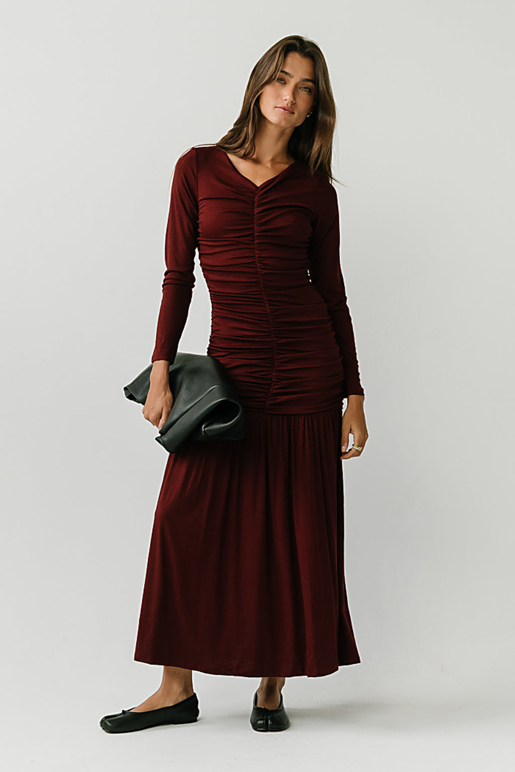 Danna Ruched Maxi Dress in Red-Brown