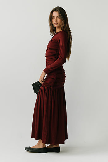 Danna Ruched Maxi Dress in Red-Brown