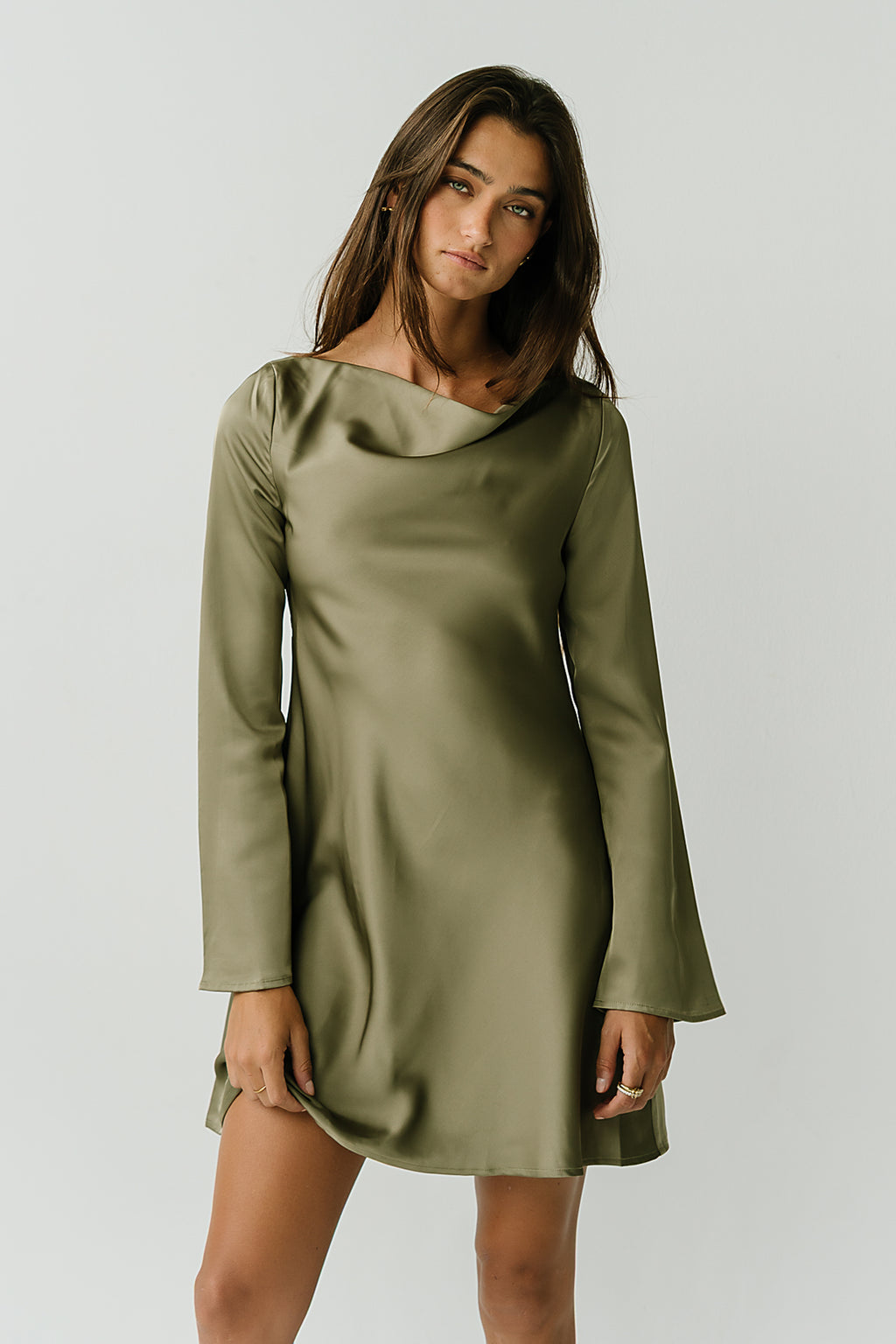Aria Satin Mini Dress in Olive