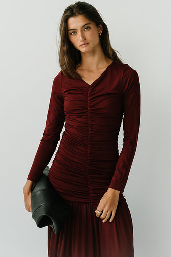 Danna Ruched Maxi Dress in Red-Brown