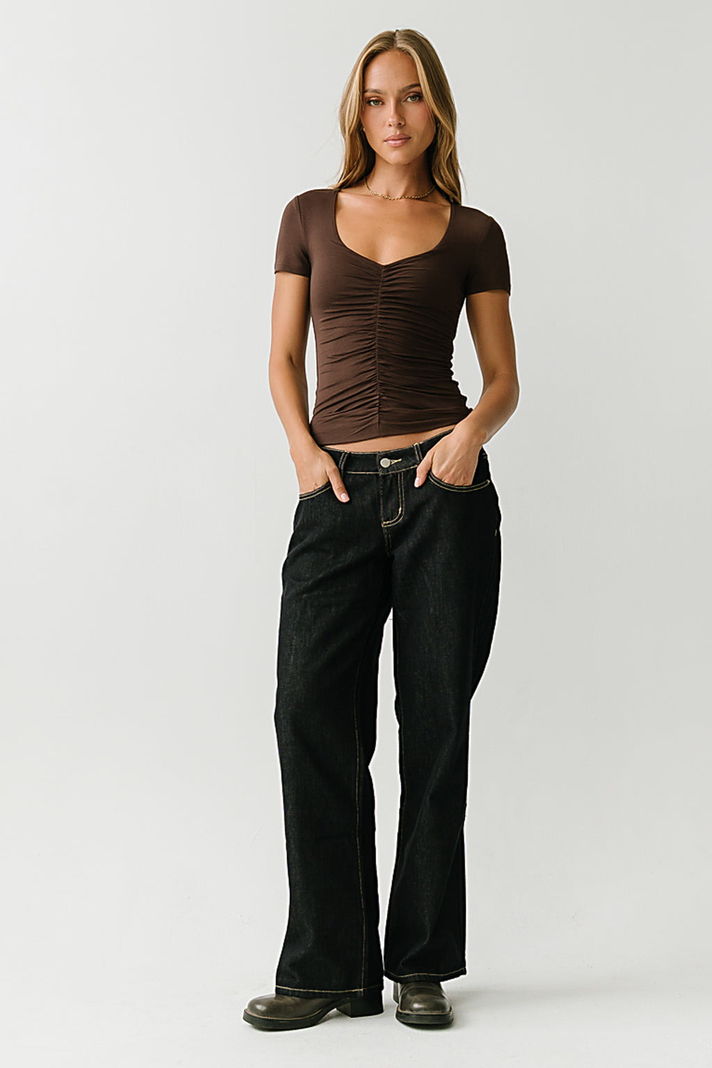 Kali Ruched Fitted Top in Brown