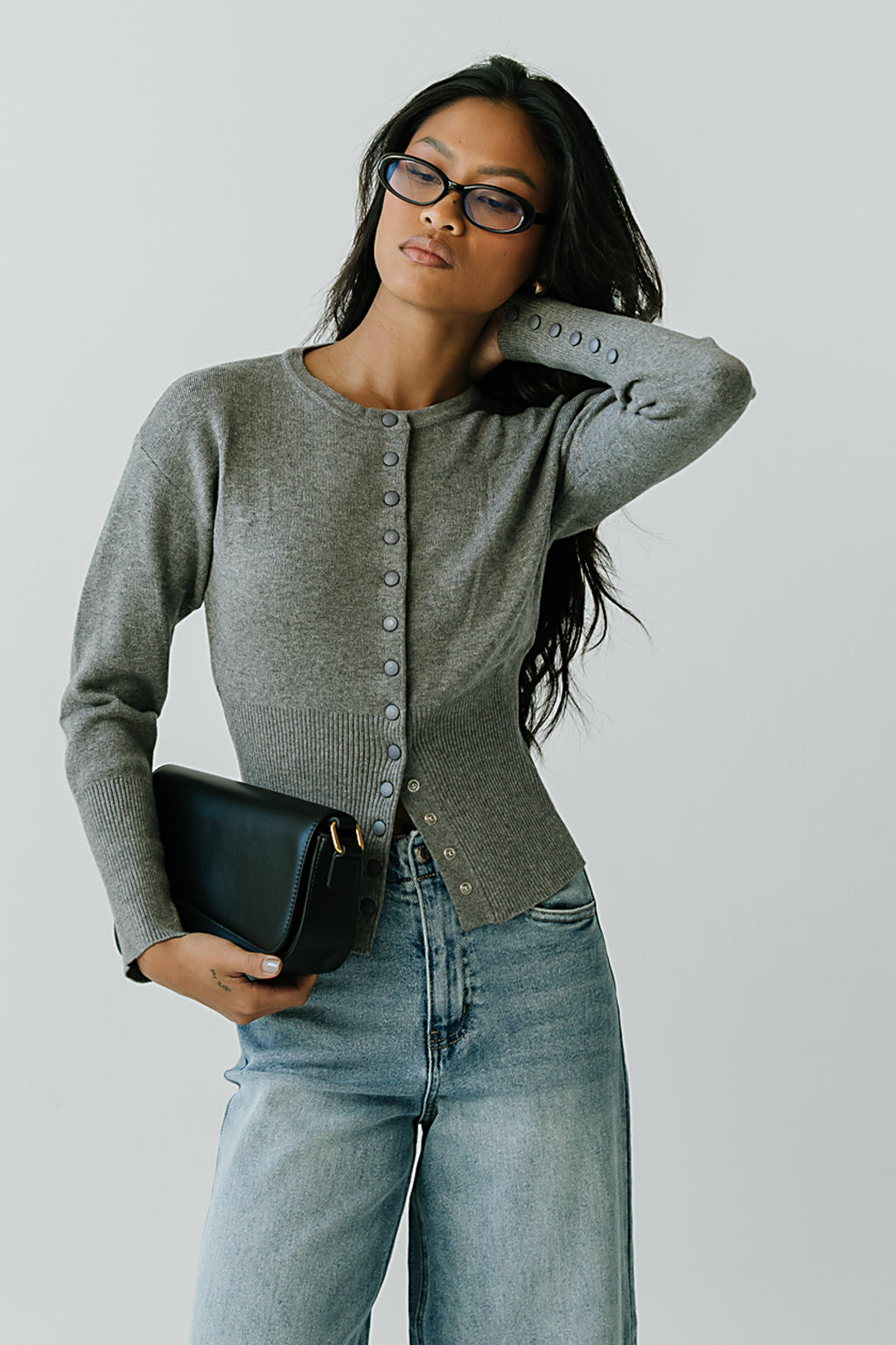 Julia Ribbed Cardigan in Heather Grey