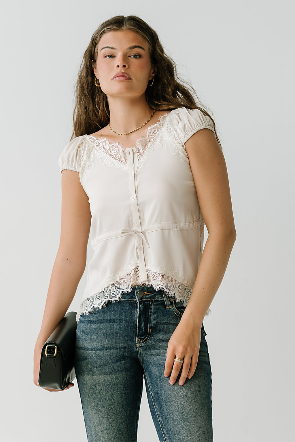 Lana Lace Trim Satin Top in Bone