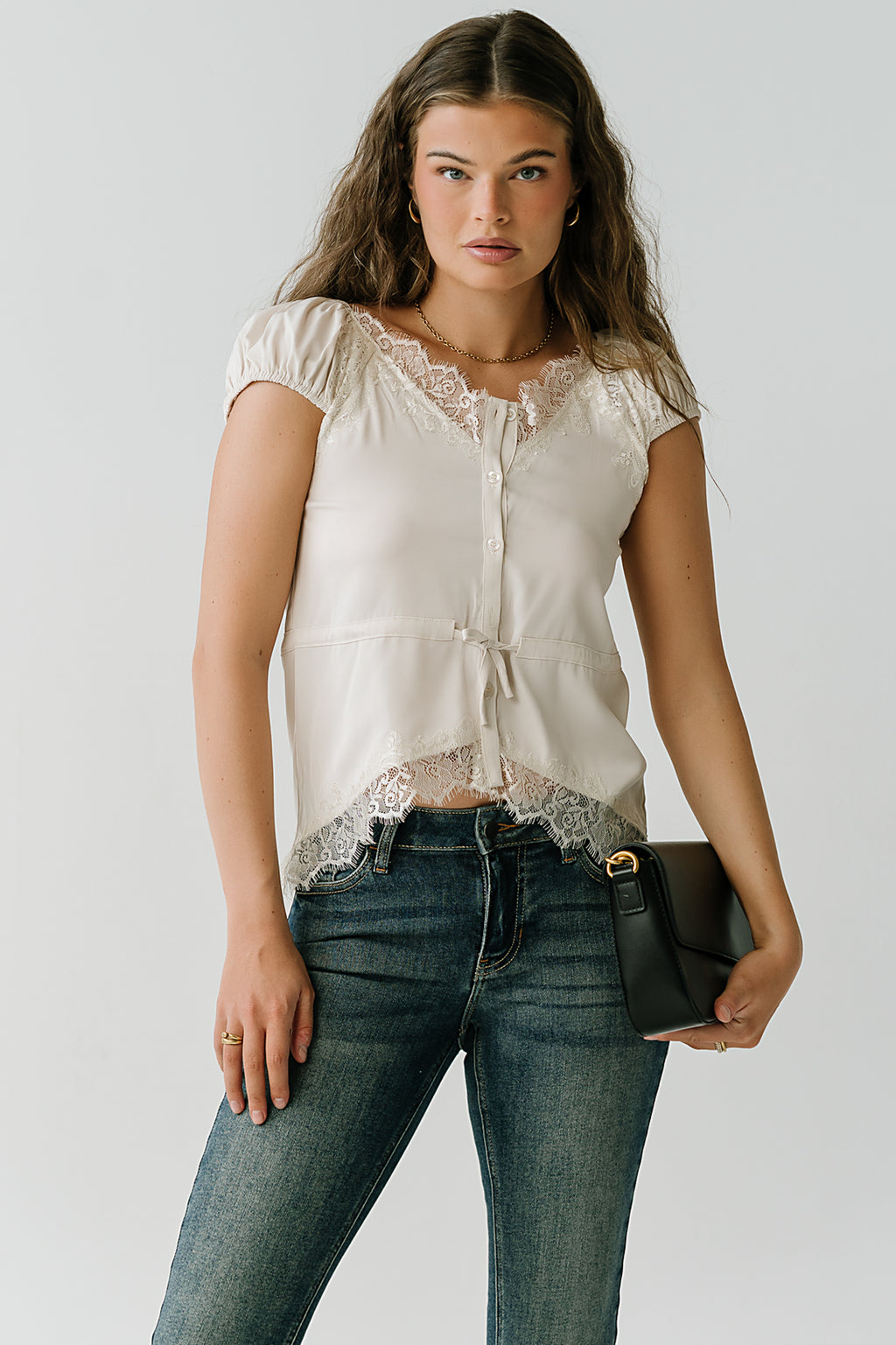 Lana Lace Trim Satin Top in Bone
