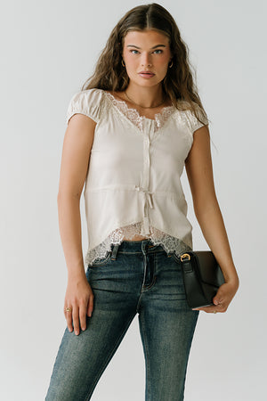 Lana Lace Trim Satin Top in Bone