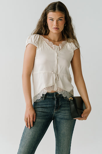 Lana Lace Trim Satin Top in Bone